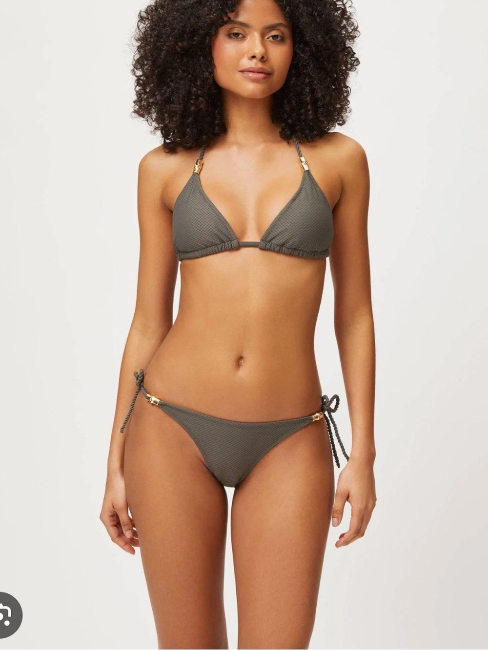 Heidi Klein olive green rib bikini with gold hardware. Bottom size L top size s
